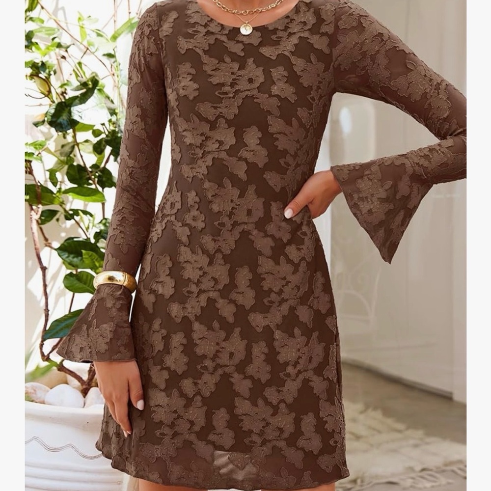 Elegant Brown Floral Lace A-Line Dress